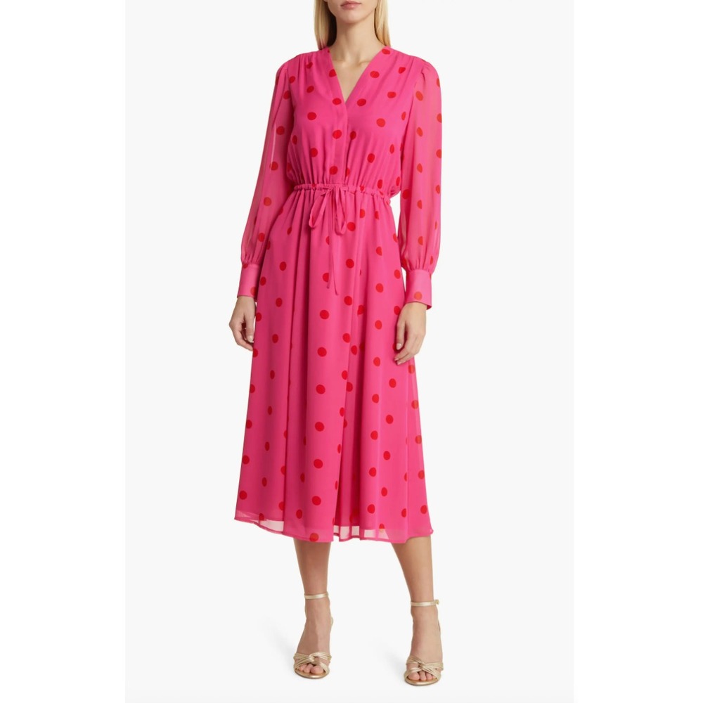 Anne Klein Polka Dot Long Sleeve Midi Dress Womens 16 Pink V Neck Flowy